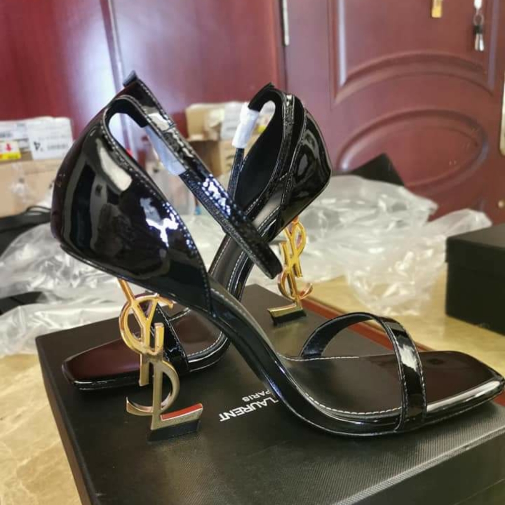 YSL OPYUM Sandals in Patent Leather with Gold Heel